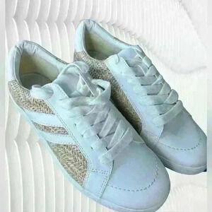 Dolce Vita Neo Fashion Sneaker Faux White Leather Braided Woven Raffia Size 10